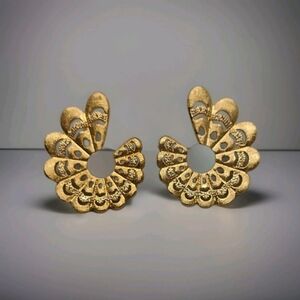 Vintage Textured Crystal Fan Shaped Peacock Feather Gold Earrings